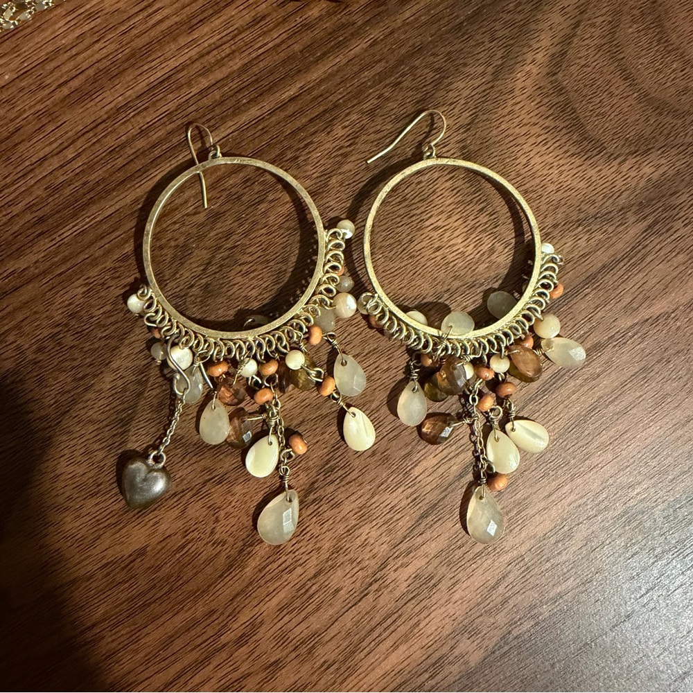 Boho Gold-Tone Hoop Earrings with Mixed Stone Drops